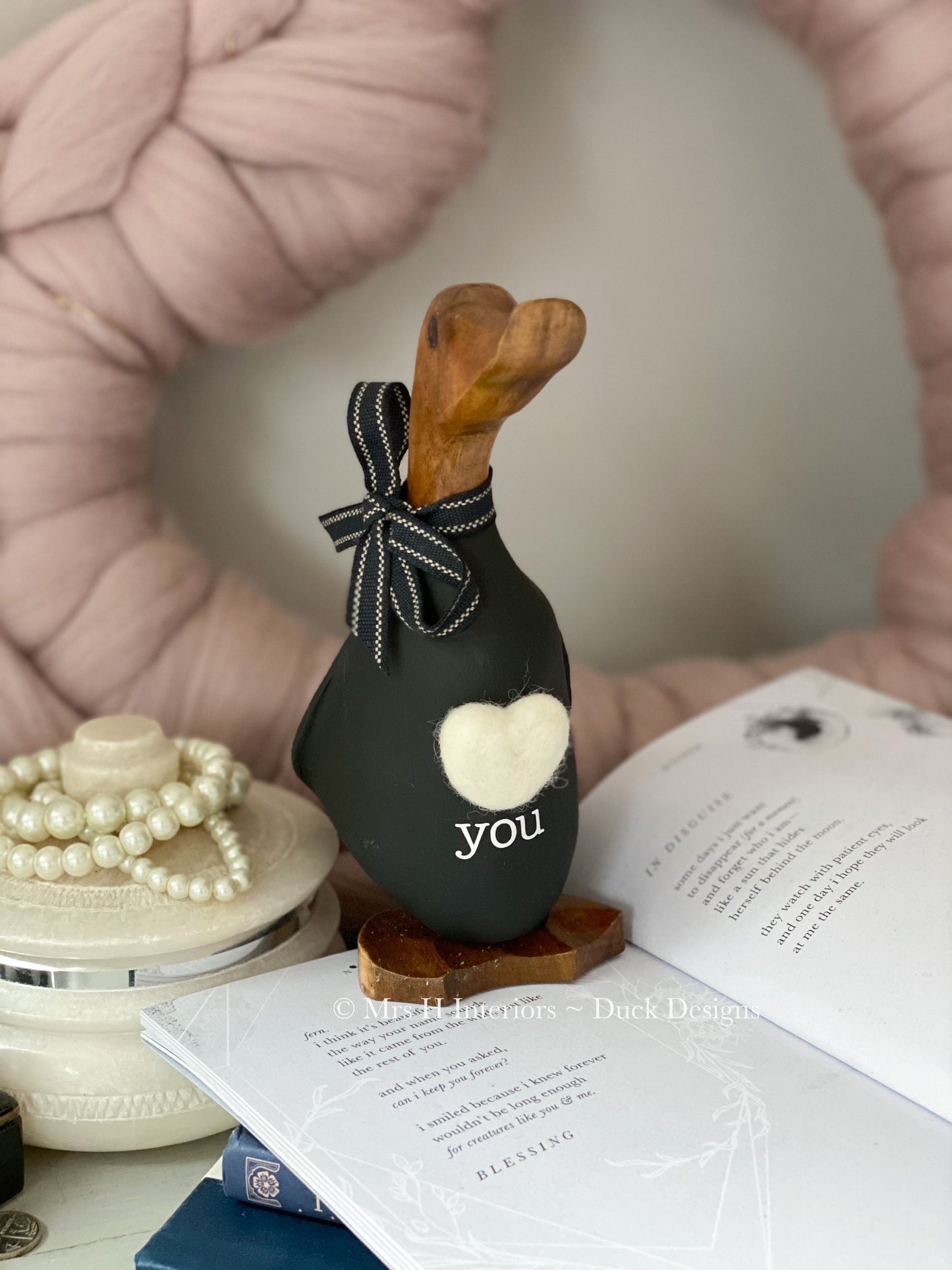 Love you - Decorated Wooden Duck in Boots by Mrs H the Duck Lady