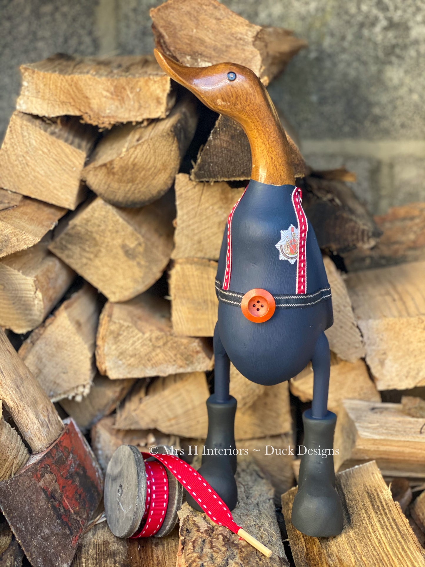 Fred The Fireman Duck - Decorated Wooden Duck in Boots by Mrs H the Duck Lady
