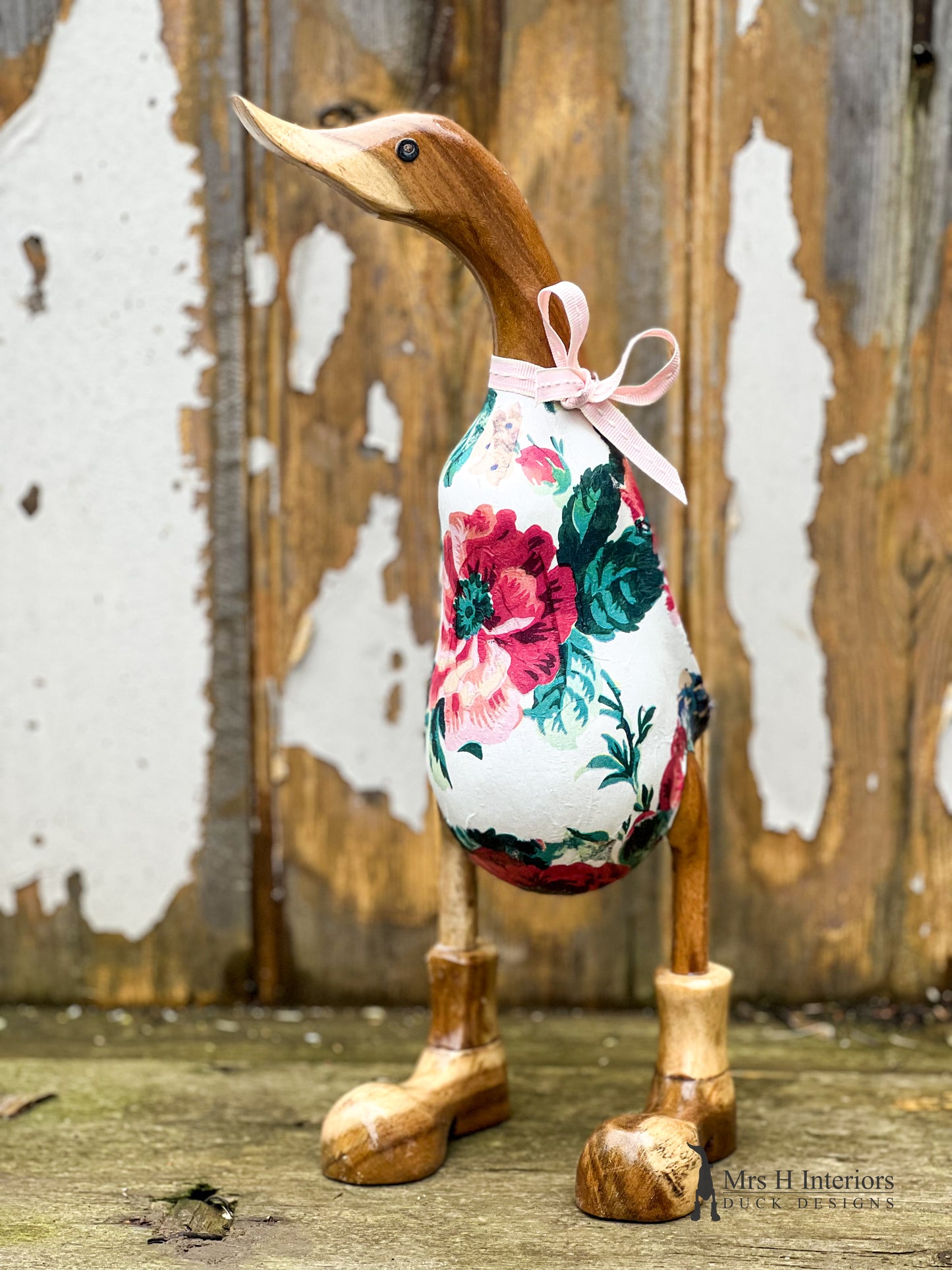 Peony - Decorated Wooden Duck in Boots by Mrs H the Duck Lady