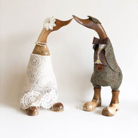 Bridal Couple - Vintage Style Wedding Pair Harris Tweed Groom - Decorated Wooden Duck in Boots by Mrs H the Duck Lady