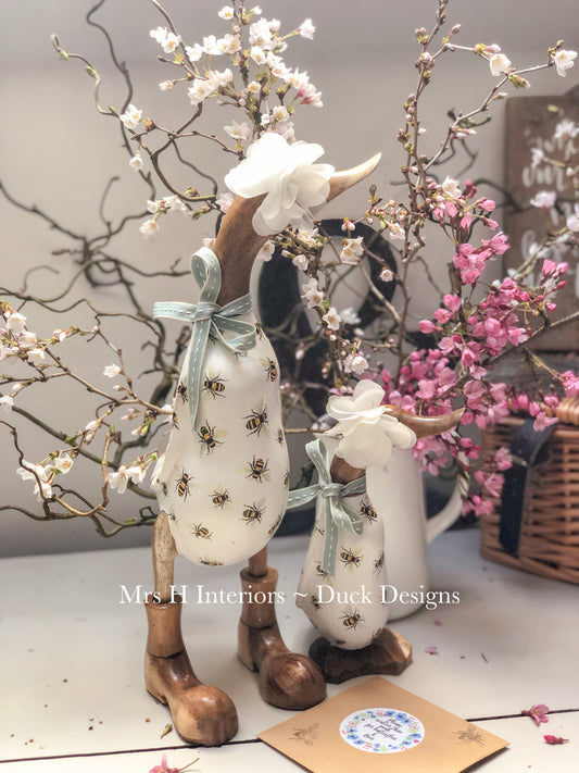 Mummy Duck and Baby Ducklet Set - Decorated Wooden Duck in Boots by Mrs H the Duck Lady