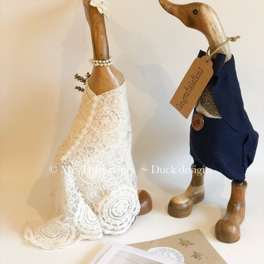 Bridal Couple - Vintage Style Wedding Pair - Royal Blue Groom - Decorated Wooden Duck in Boots by Mrs H the Duck Lady
