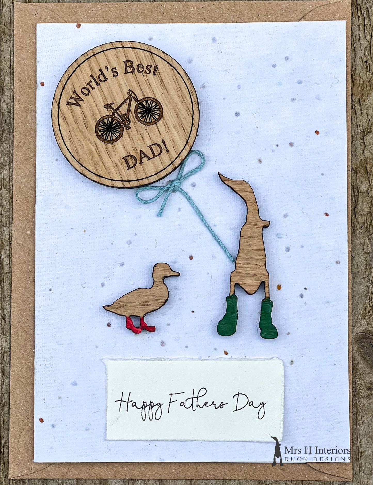 For Him - Birthday or Father’s Day Card with badge or magnet - Decorated Wooden Duck in Boots by Mrs H the Duck Lady