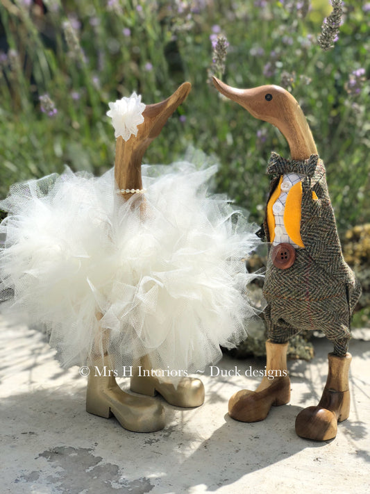 Bridal Couple - Tutu Bride & Harris Tweed Groom Wedding Pair - Decorated Wooden Duck in Boots by Mrs H the Duck Lady