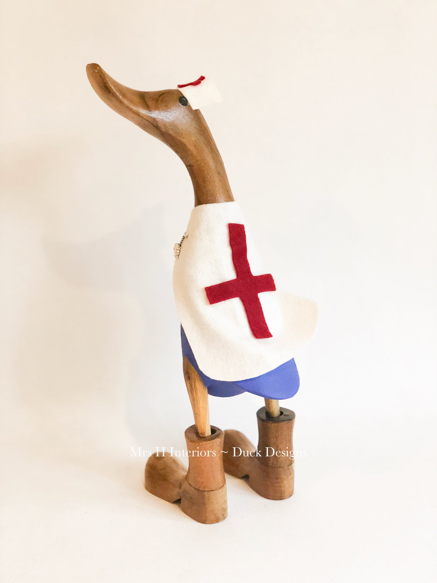 Ninny the vintage nurse - Decorated Wooden Duck in Boots by Mrs H the Duck Lady