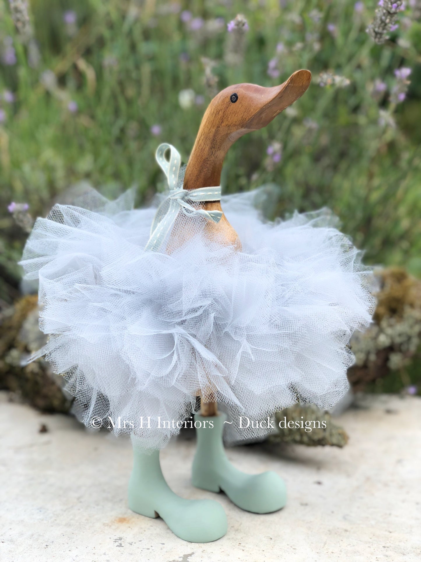 Grey Tutu Duck with Duck Egg Blue Boots - Decorated Wooden Duck in Boots by Mrs H the Duck Lady