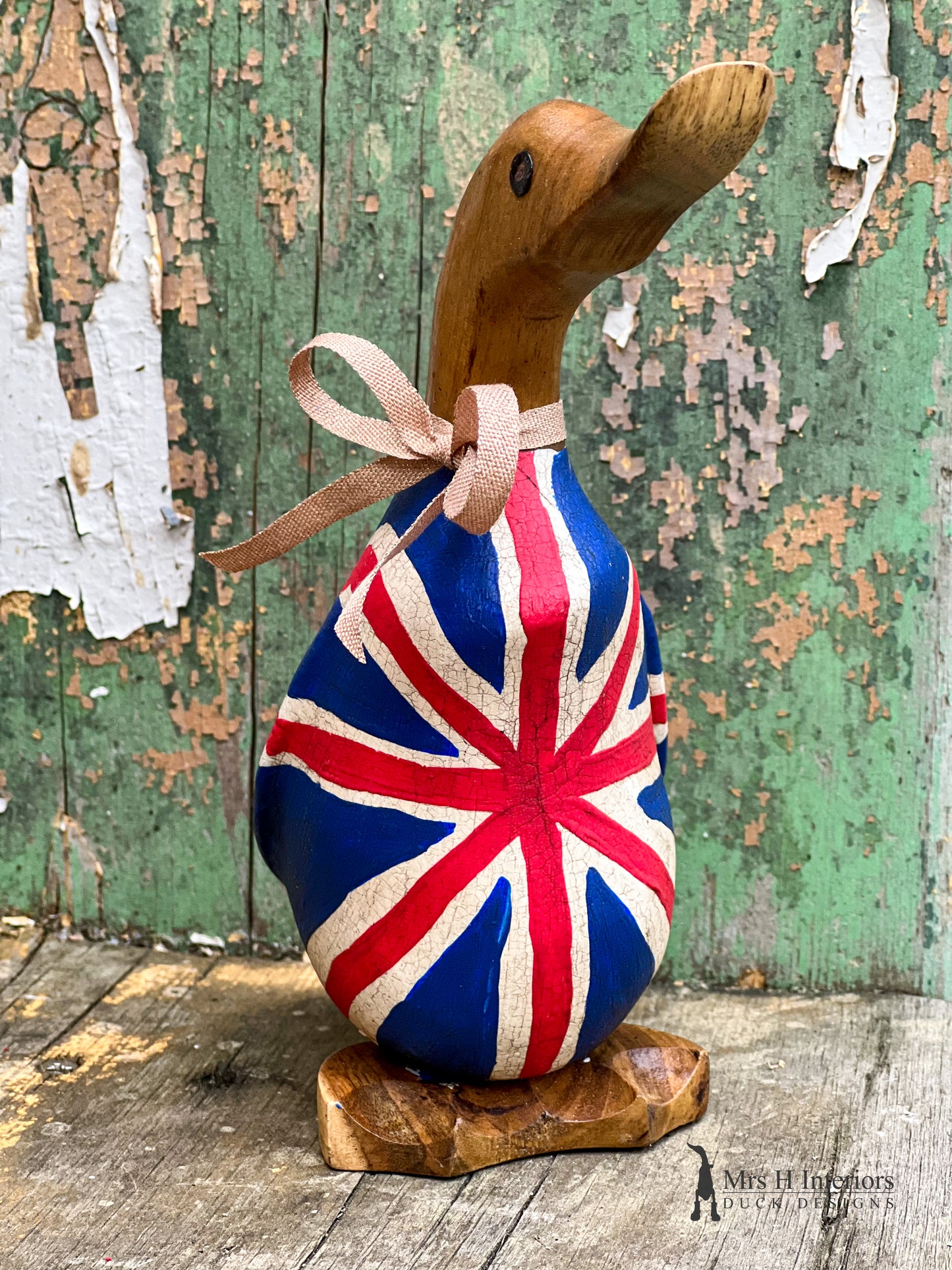 Crackle Jack Wooden Duck - The Union Jack UK Flag Duck - Coronation Decorated Wooden Duck in Boots by Mrs H the Duck Lady