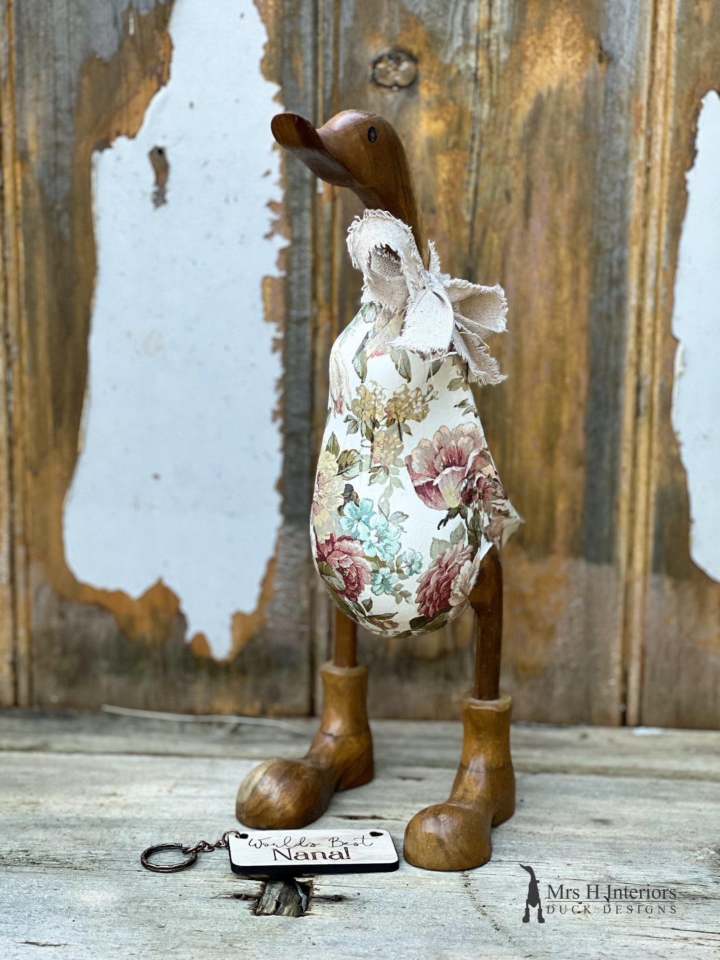 Laura - the vintage floral decorated Wooden Duck in Boots by Mrs H the Duck Lady