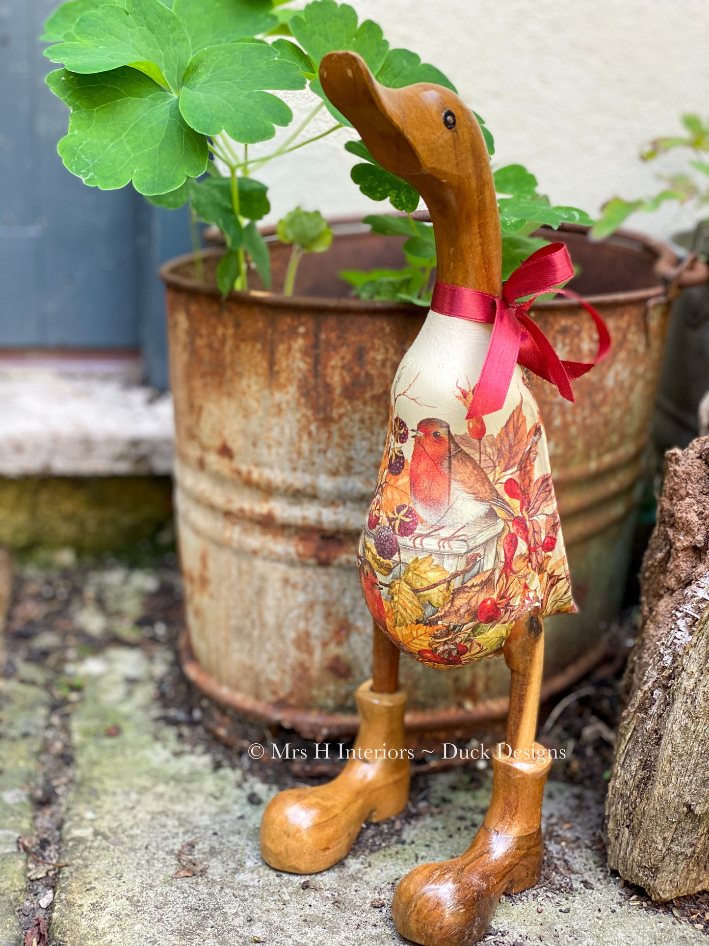 Rodney Robin - Decorated Wooden Duck in Boots by Mrs H the Duck Lady