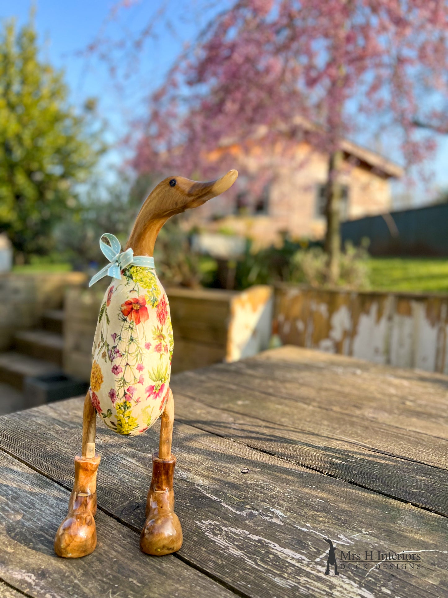 Ella The Floral Duck - Decorated Wooden Duck in Boots by Mrs H the Duck Lady