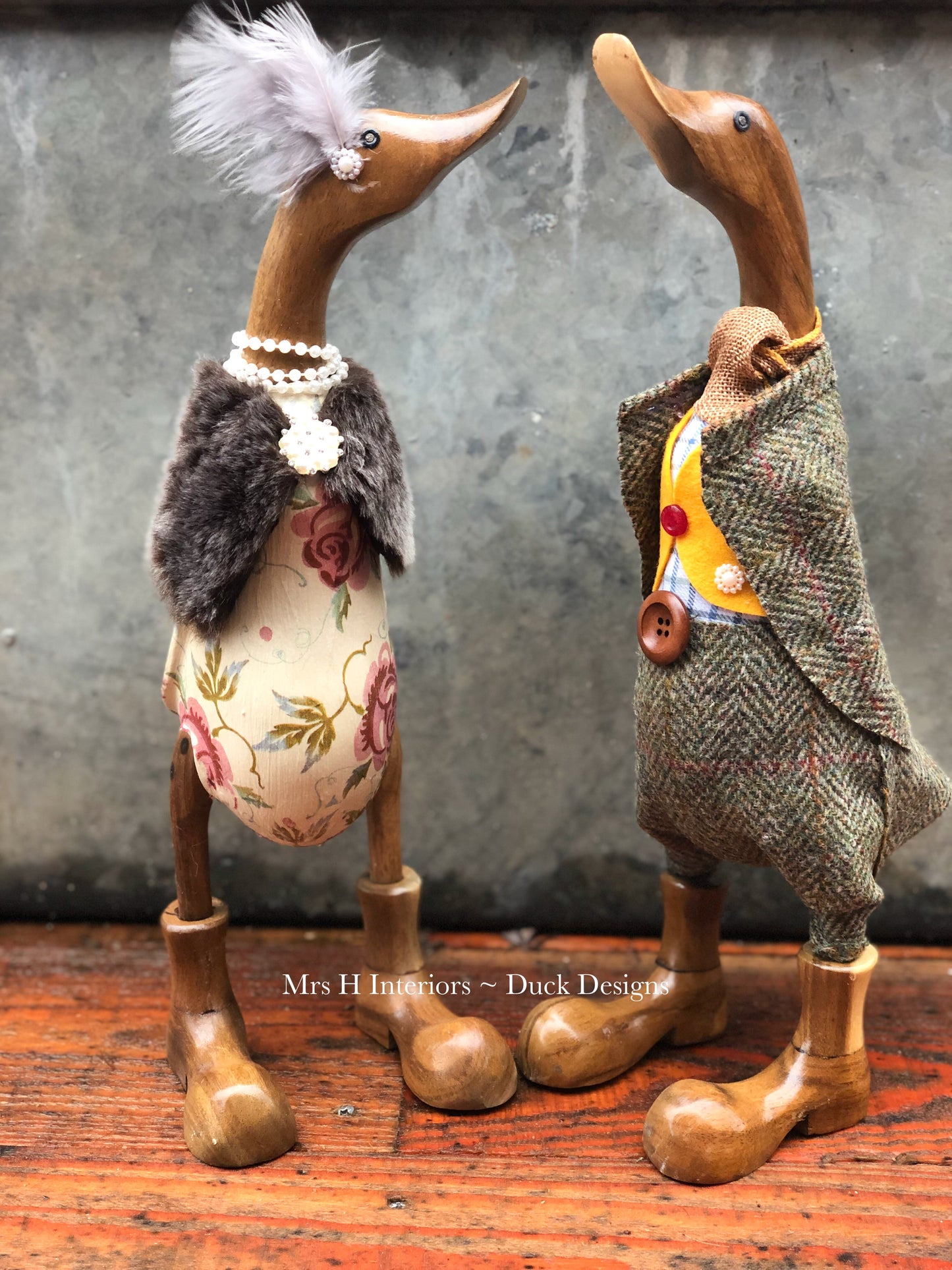 Granny and Grandpa Ducks - Quintessentially British Decorated Wooden Duck in Boots by Mrs H the Duck Lady