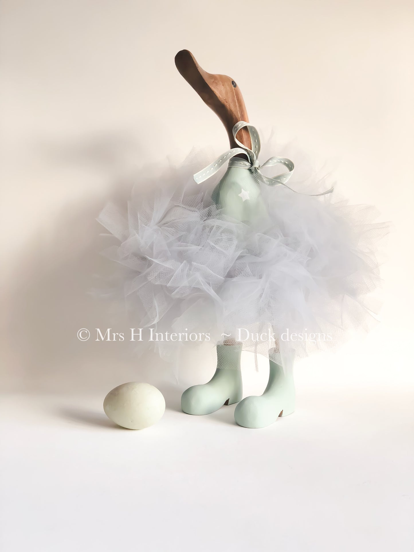 Bubbles - Grey with Hearts Grey Tutu Duck - Decorated Wooden Duck in Boots by Mrs H the Duck Lady