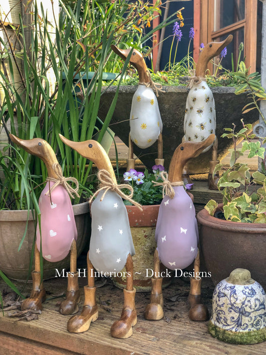 Grey Duck with Stars (Outdoor) - Decorated Wooden Duck in Boots by Mrs H the Duck Lady