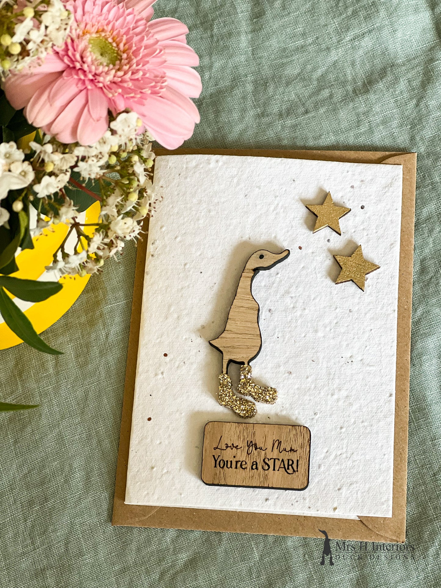 Love You Mum, You're a Star - Duck with Stars - Mother's Day Card - Decorated Wooden Duck in Boots by Mrs H the Duck Lady