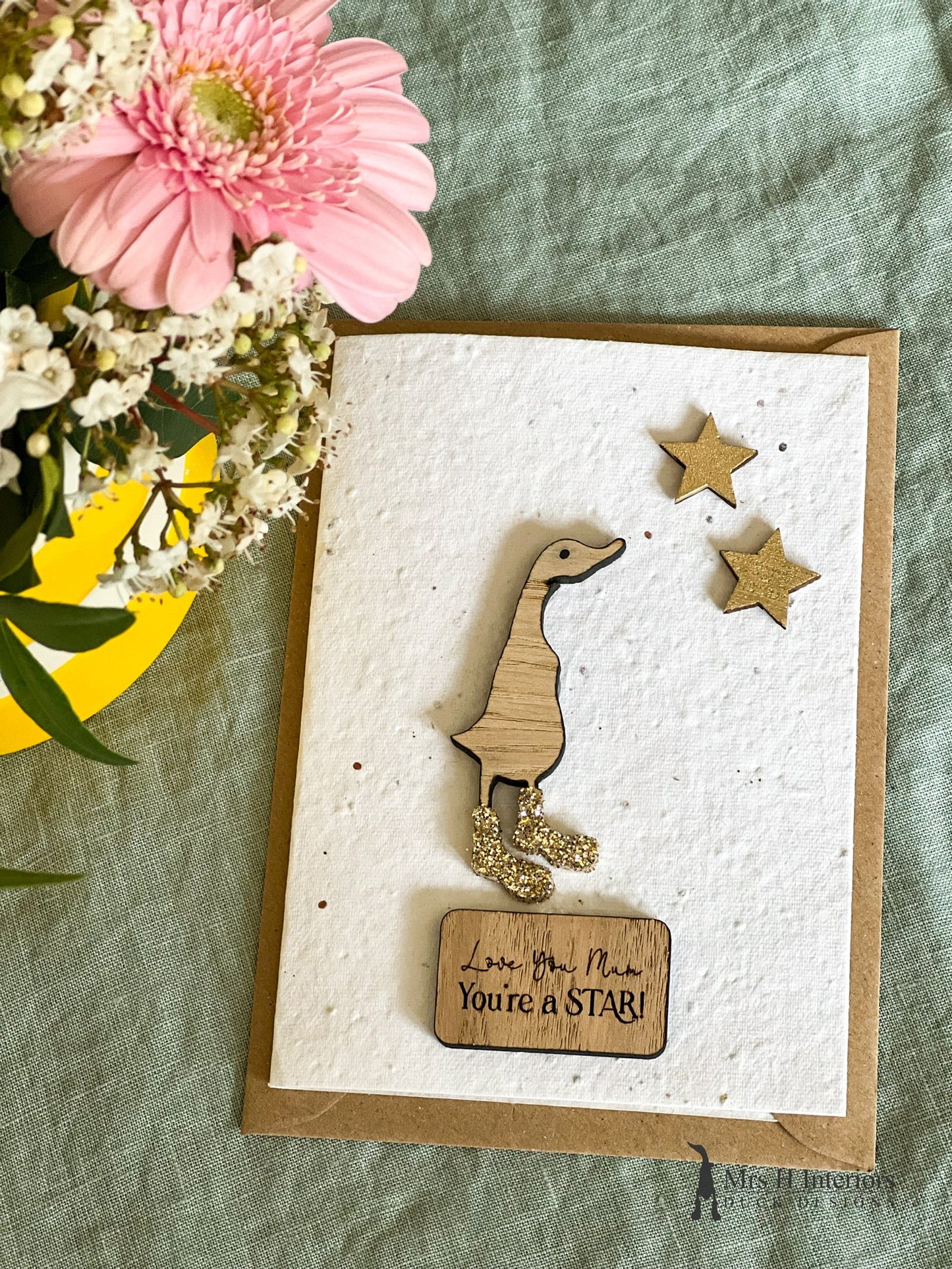Love You (name), You're a Star Card - Duck with Stars - Greetings Card - Decorated Wooden Duck in Boots by Mrs H the Duck Lady