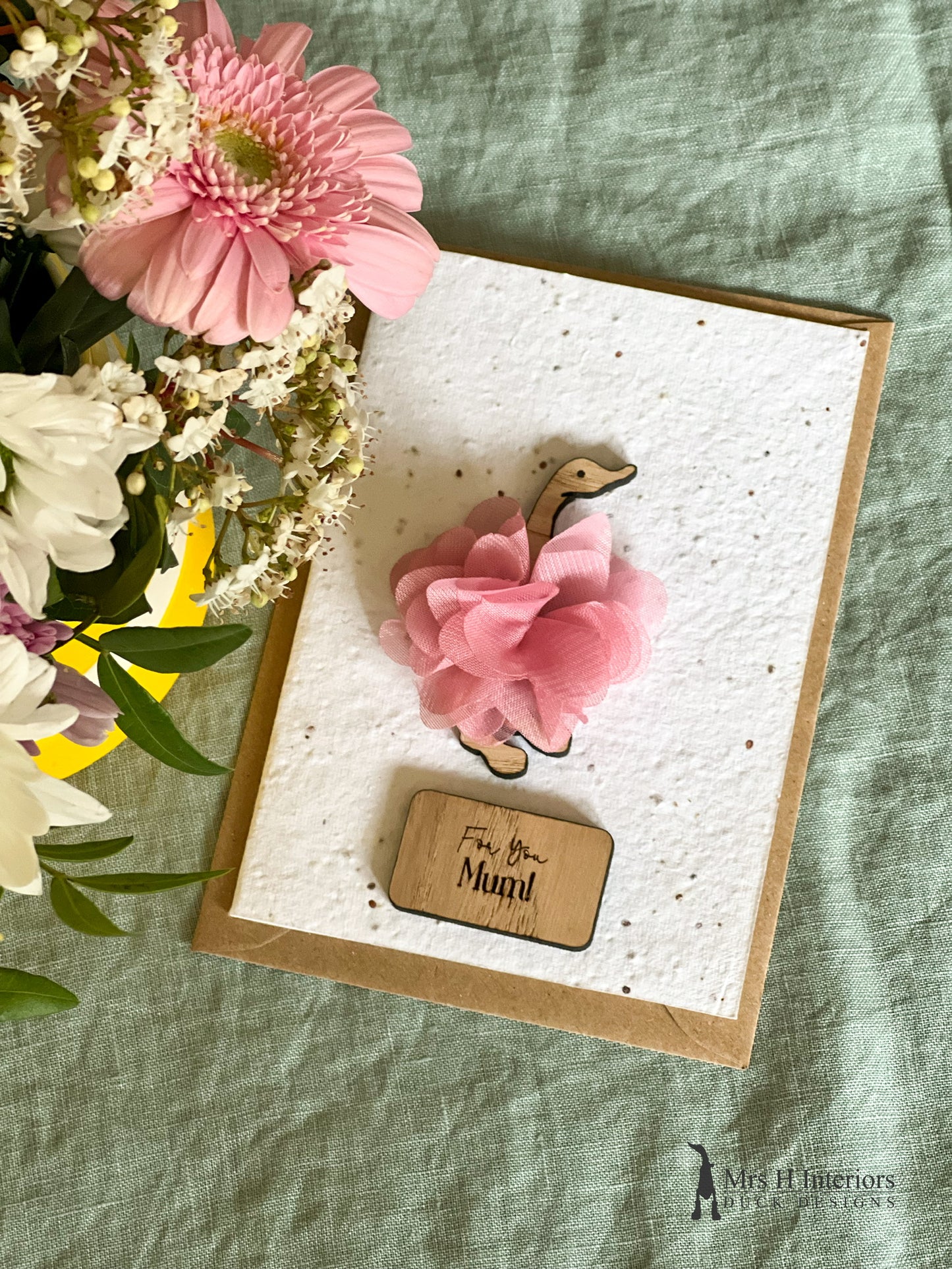 For You Mum - Mother's Day Card - Tutu Wearing Duck - Decorated Wooden Duck in Boots by Mrs H the Duck Lady
